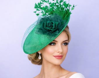 Green Sinamay Fascinator: Feather Party Hat for Wedding