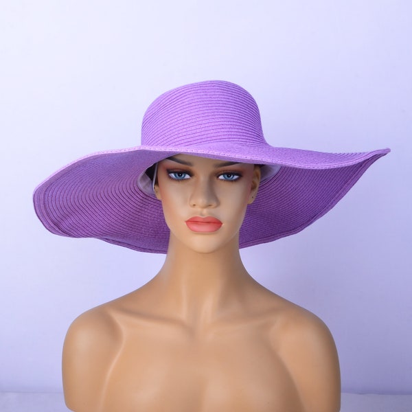 Chapeaux de plage surdimensionnés violets à bord large/chapeau de paille/chapeau de plage pour femme Grand chapeau de paille protection solaire anti-uv Couvre-casquette pliable pare-soleil.