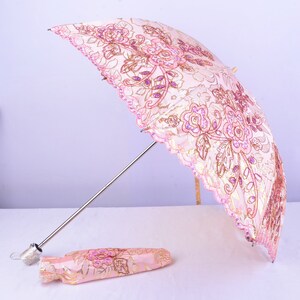 Pink embroidery Parasol,tea party,Wedding,Bridal Shower,Anniversary gifts,Cocktail Party,Wedding Decoration,gift,Embroidery umbrella. image 5