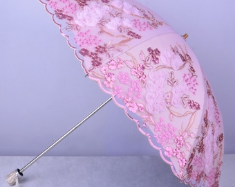 Pink embroidery summer Parasol,UV Protection,Wedding,Bridal Shower,Anniversary gifts,Cocktail Party,Wedding Decoration,summer gift.