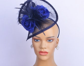 New navy blue sinamay fascinator with feathers/silk flowers,Party Hat,Church Hat,Melbourne cup,Kentucky Derby,Fancy Hat,wedding hat.