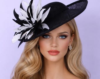 Black & Ivory Sinamay Feathers Hat: Kentucky Derby, Tea Party