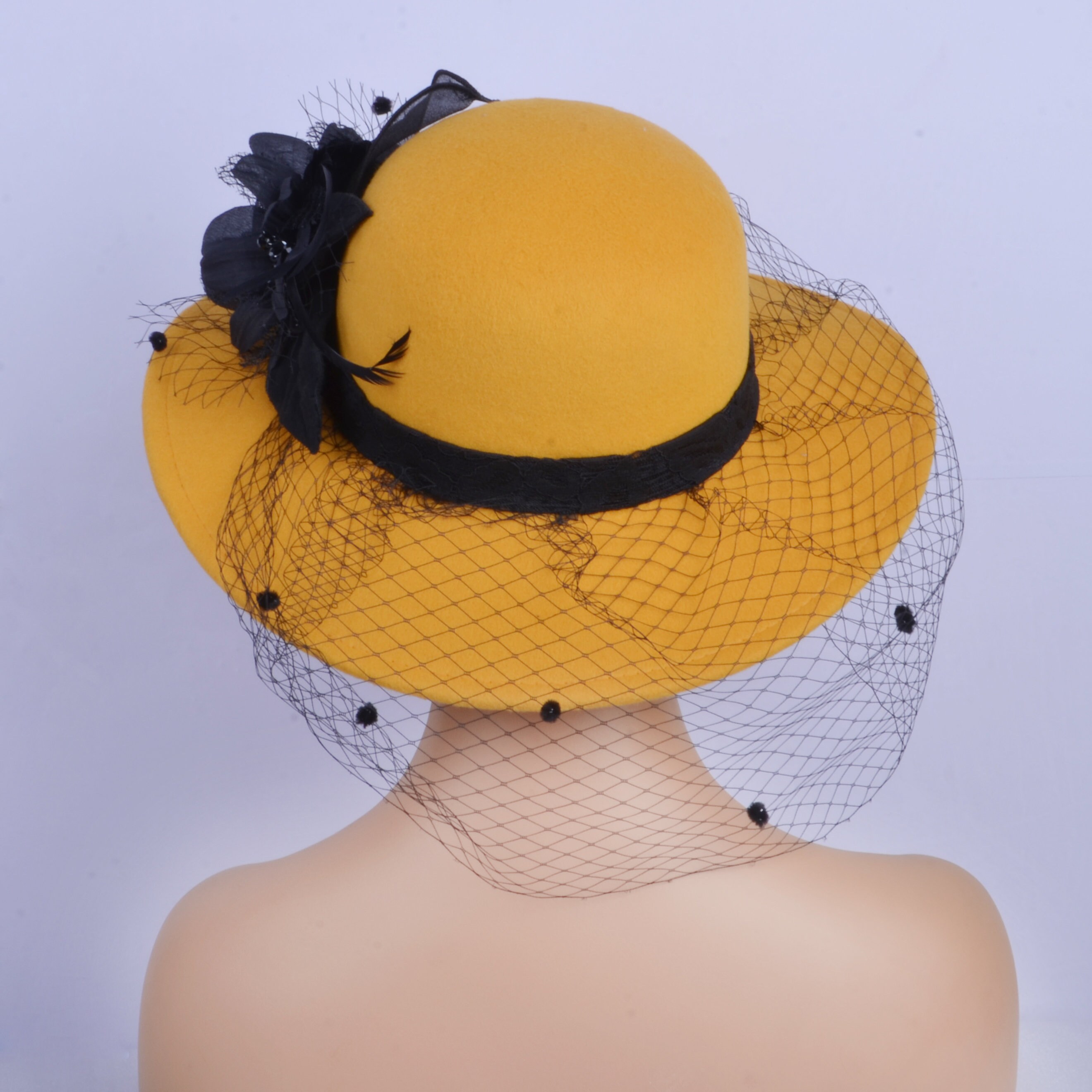 Yellow felt hat Winter hat formal hat with flower and feathers Etsy