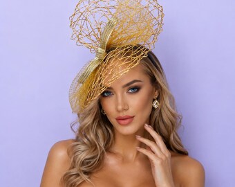 Gold Beige Sequin Pillbox Fascinator Hat With Rose and  display picture 1