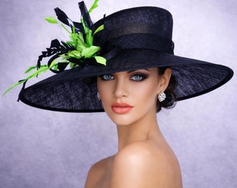 Black Sinamay Kentucky Derby Hat, Feathered Church Hat