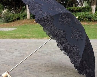 Black Lace Embroidery Parasol,UV Protection,sun umbrella,girlfriend gifts,Bridal Shower,Lace umbrella,Embroidery umbrella,Vintage wedding.