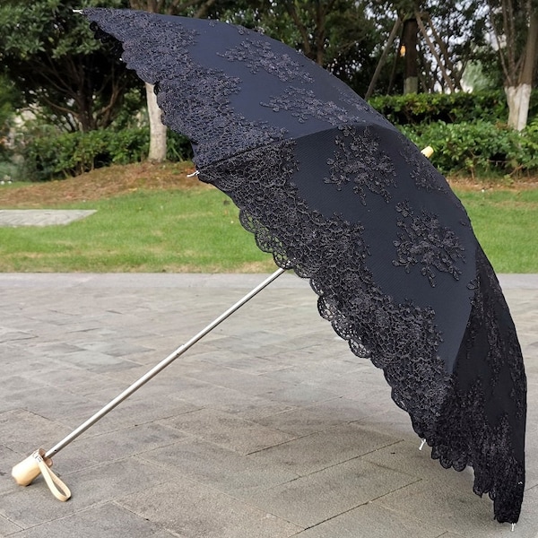 Black Lace Embroidery Parasol,UV Protection,sun umbrella,girlfriend gifts,Bridal Shower,Lace umbrella,Embroidery umbrella,Vintage wedding.