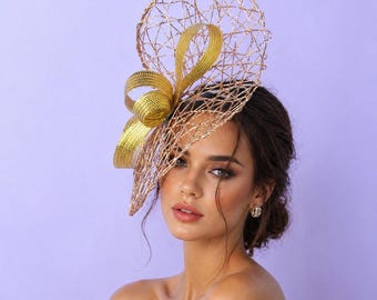 Gold Kentucky Derby Fascinator Hat: Tea Party, Wedding Headpiece