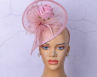 New blush pink sinamay fascinator with feathers/silk flower,Party Hat,Church Hat,Melbourne cup,Kentucky Derby,Fancy Hat,wedding hat.