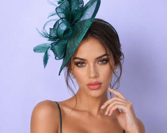 Dark Green Sinamay Fascinator Headband | Feathers | Derby Cocktail Hat TWIST FASCINATOR HAT - Black and Green - Gold Coast Couture main image 3