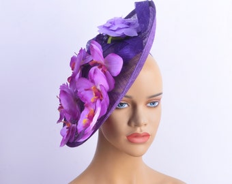 New purple sinamay fascinator with purple silk flowers,Party Hat,Church Hat,Melbourne cup,Kentucky Derby,Fancy Hat,wedding hat.