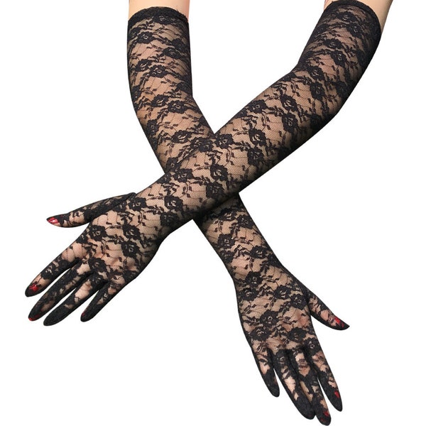 54 cm Gants noirs élégants en dentelle/Gants rétro élégants/Gants de courtoisie/Gants de conduite pour mariage, dîner, Fleur Gants en dentelle noire.