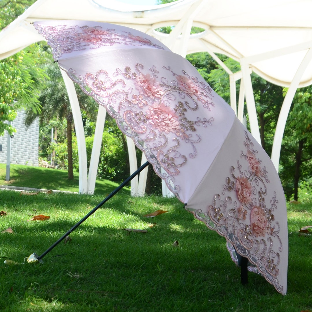Blush Pink Embroidered Parasol, UV Sun Protection Umbrella - Etsy