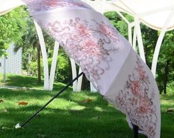 Sombrilla bordada rosa ruborizado, protección solar UV