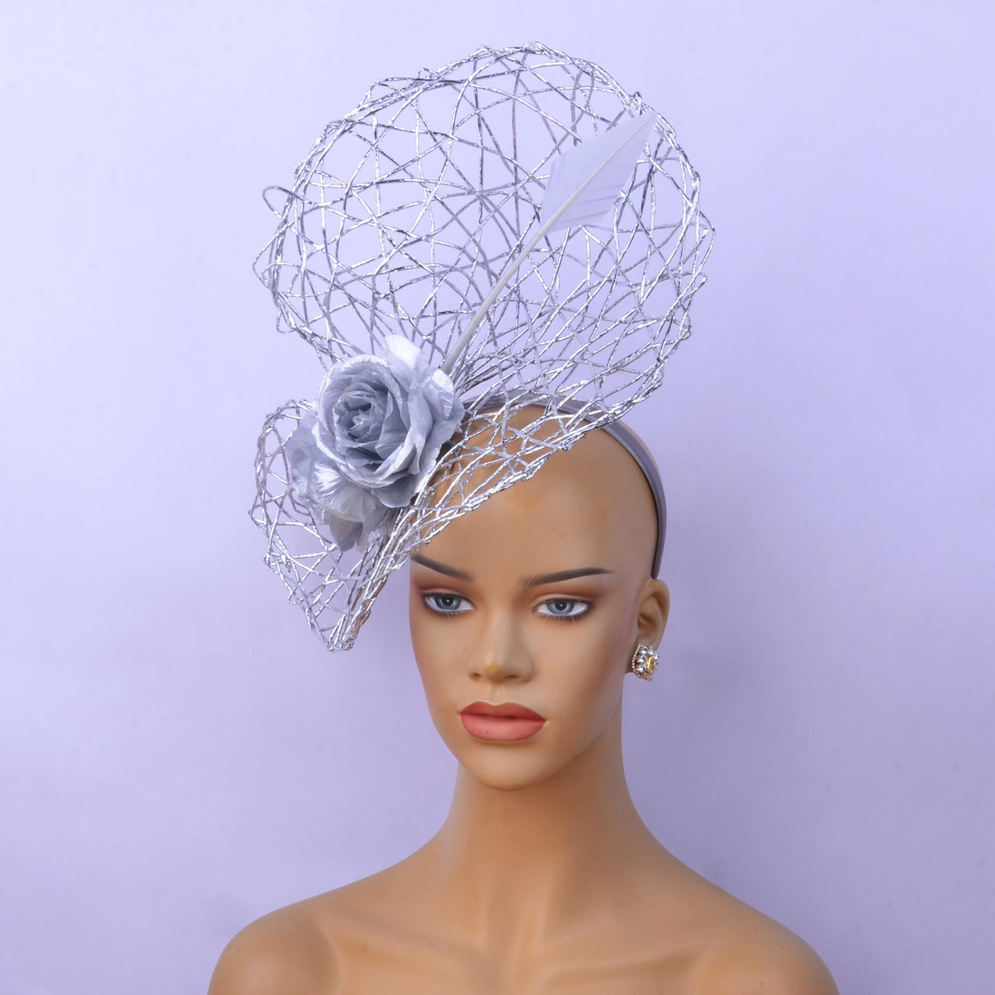 Bellissima Pale Grey Gathered Net Fascinator Headband Wedding Kentucky Derby Bellissima Fine Millinery Church Wedding Derby Fascinator  main image 4