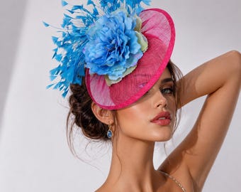 Fuchsia & Blue Sinamay Fascinator – Feathers Silk Flower Kentucky Derby Hat
