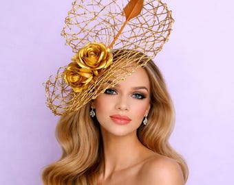 Gold Kentucky Derby Fascinator Hat, Elegant Tea Party & Wedding Headpiece – Two Colors Available