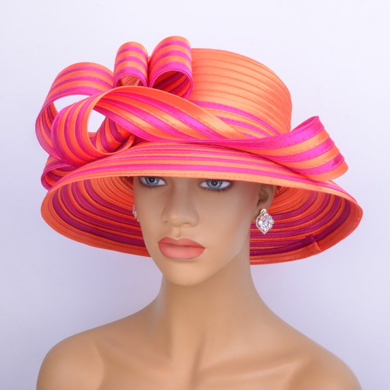 Chic Fuchsia Hat with Satin Ribbon by Designer Pink satin dress hats for women/Shenor Collections - Shenor  main image 3
