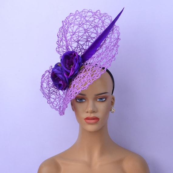 Purple Kentucky Derby Fascinator: Silk Flowers, Feather  display picture 2