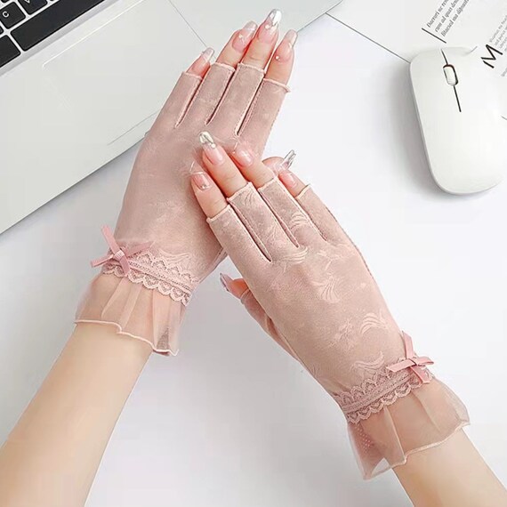 Stylish Sunscreen Women Sheer Gloves With Bow,bike/grocery/uv Protection/ working/short/driving Gloves,half Finger Gloves Fashion Accessories 