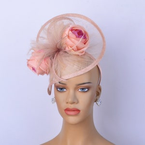 New beige,pale pink sinamay fascinator with feathers/silk flowers,Party Hat,Church Hat,Melbourne cup,Kentucky Derby,Fancy Hat,wedding hat. image 1