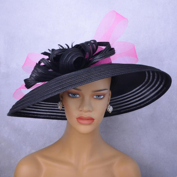 Elegant Wide Brim Straw Hat for Women – Black With Pink  display picture 1