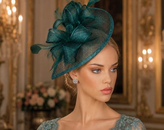 Dark Green Sinamay Feather Fascinator – Wedding, Party, Derby Headpiece