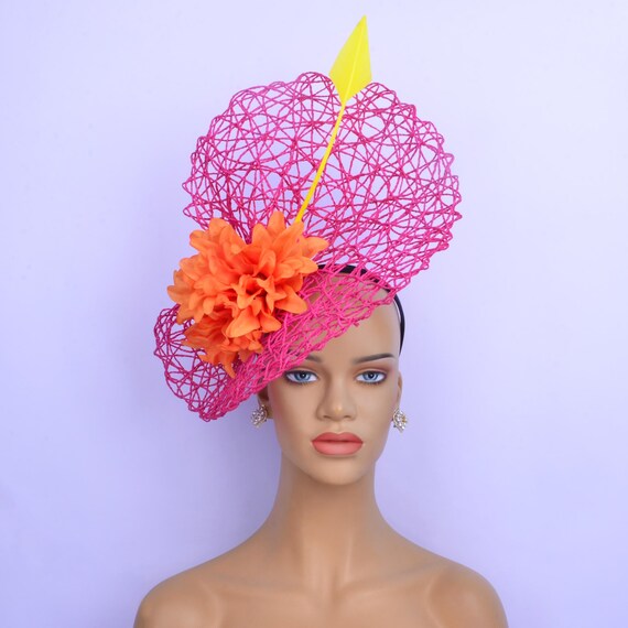 Handmade Pink Floral Fascinator with Yellow & Fuchsia Feathers Orange and Yellow Fascinator - Etsy main image 3