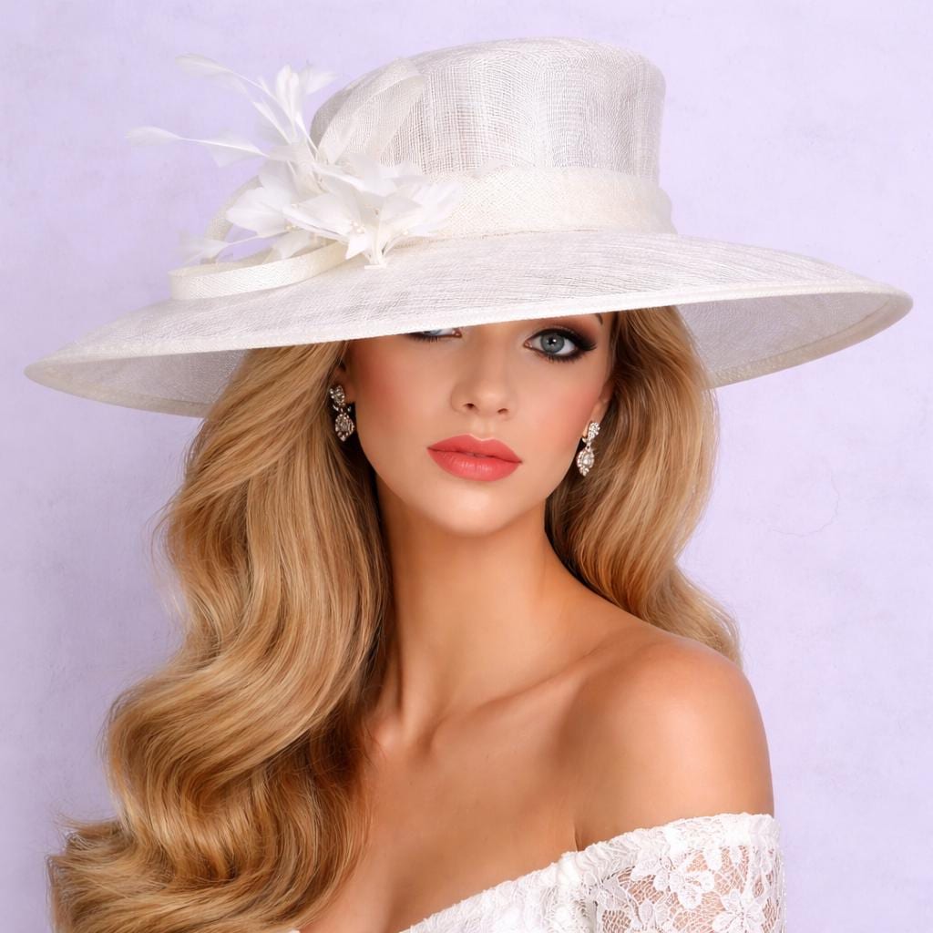 Kentucky Derby Hat: Ivory Sinamay Wide Brim for Church & Tea Party
