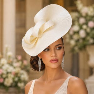 Könnte beinhalten: Ein elfenbeinfarbener Fascinator mit einer breiten, asymmetrischen Krempe und einem strukturierten, geschlungenen Schleifendesign. Der Hut besteht aus einem strukturierten, gewebten Material und wird schräg getragen. Lange, silberfarbene Ohrhänger mit klaren Kristallen.