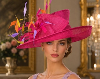 Cappello Kentucky Derby in sinamay fucsia - Cappello da chiesa e da tè con piume