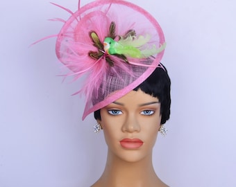 New pink sinamay kentucky derby hat with bird,fascinator,tea party hat,Church Hat,Melbourne cup hat,luncheon Hat,wedding fascinator hat.