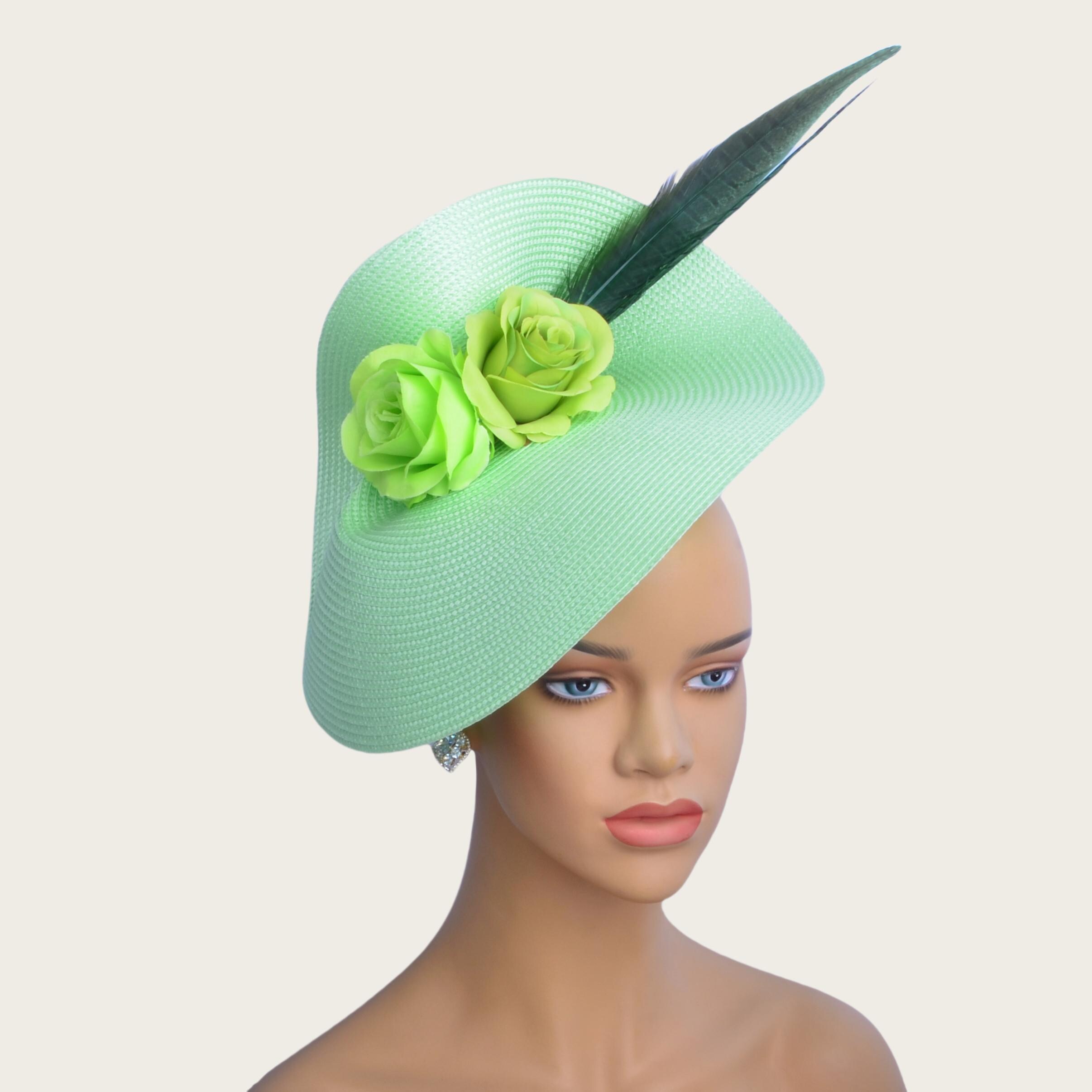 Beloved Millinery Stunning Lime Green Flower Feather Sculpted 3PC Fascinator Hat Lime Green Straw Fascinator Hatinator - Kentucky Derby  main image 4