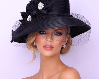 Black Satin Kentucky Derby Hat: Formal Church Wedding Millinery
