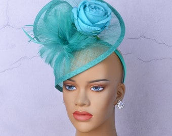 New green/lake blue sinamay fascinator with feathers/silk flower,Party Hat,Church Hat,Melbourne cup,Kentucky Derby,Fancy Hat,wedding hat.