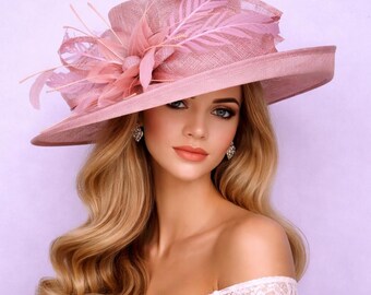 Blush Pink Wide Brim KY Derby Oaks Hat Statement Pink Fascinator Headwear Blush Pink Fascinator Hat: Kentucky Derby, Oaks Day, Tea  main image 2
