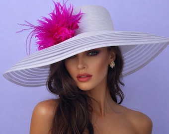 Ivory Derby Hat with Fuchsia Feathers, Wide Brim Wedding Hat, Tea Party Fascinator