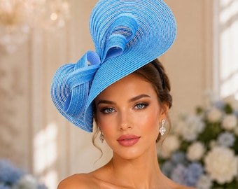 Sky Blue Fascinator, Elegant Bow Headpiece for Wedding & Derby
