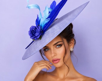 Light Blue Sinamay Fascinator: Feather & Silk Flower Party Hat