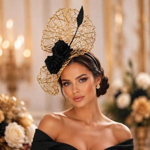Elegant Gold & Black Fascinator, Kentucky Derby Hat, Tea Party Headpiece