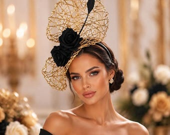 Elegant Gold & Black Fascinator, Kentucky Derby Hat, Tea Party Headpiece