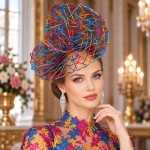 Peut inclure: Un grand bibi sculptural composé d'un maillage métallique aux couleurs vives, mêlant des tons bleu, rose et jaune. Ce couvre-chef est porté avec de longues boucles d'oreilles pendantes en cristal argenté et un haut en dentelle florale assorti.