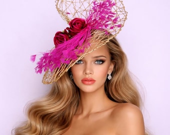 Gold & Fuchsia Kentucky Derby Fascinator Hat for Tea Party,Wedding