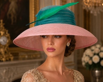 Blush pink & Green Sinamay Kentucky Derby Hat: Wedding Races Hat
