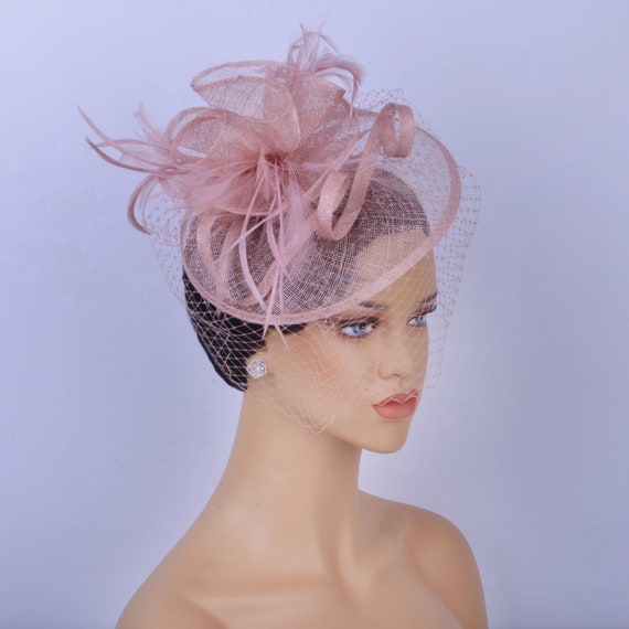 Fascinator Hat Veil Feather Light Pink Pink Fascinator -  main image 3