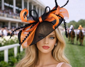 Black & Orange Sinamay Fascinator Hat: Kentucky Derby Tea Party Headpiece