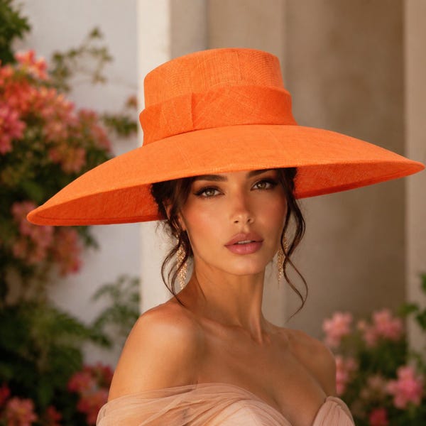 Orange Sinamay Fascinator – Large Brim Kentucky Derby Hat, 3 Color Options