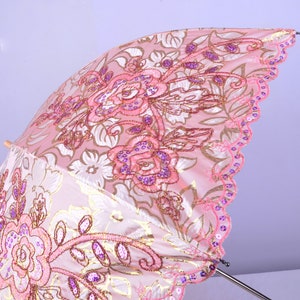 Pink embroidery Parasol,tea party,Wedding,Bridal Shower,Anniversary gifts,Cocktail Party,Wedding Decoration,gift,Embroidery umbrella. image 6