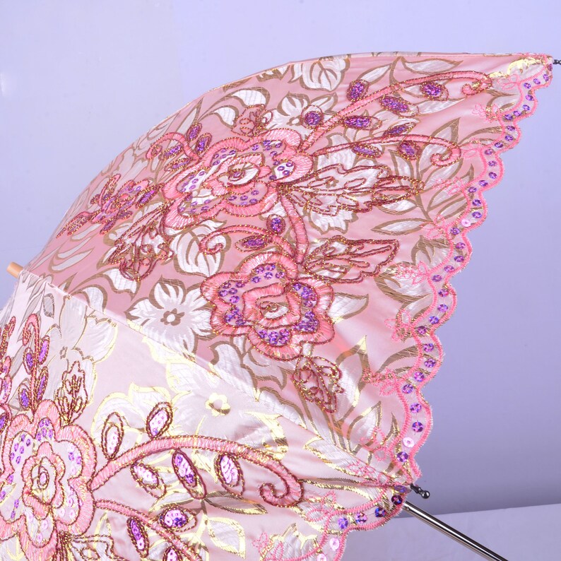 Pink embroidery Parasol,tea party,Wedding,Bridal Shower,Anniversary gifts,Cocktail Party,Wedding Decoration,gift,Embroidery umbrella. image 6