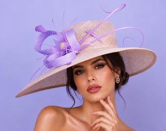 Purple Sinamay Wide Brim Hat, Elegant Kentucky Derby Wedding  display picture 3